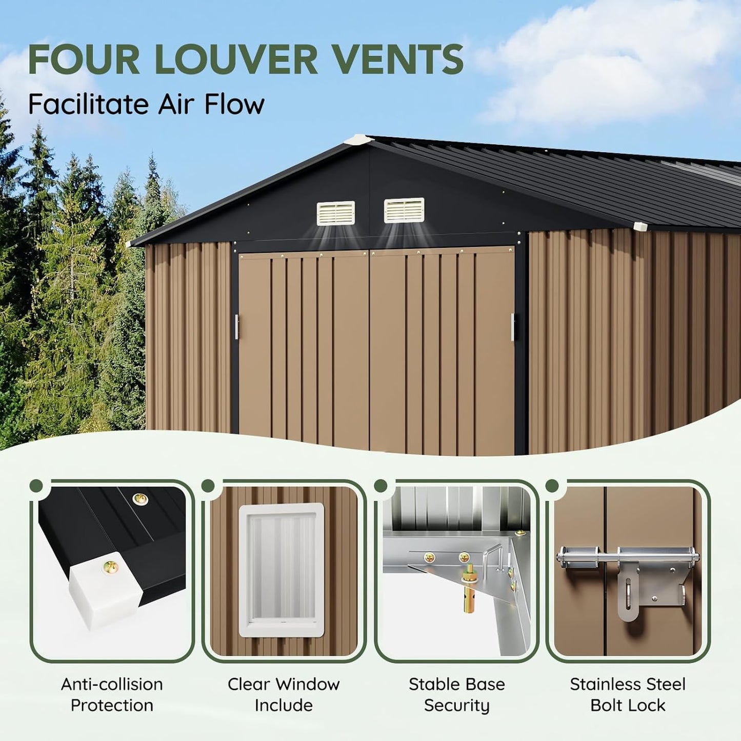 10x12 FT Outdoor Metal Storage Shed, Double Swing Doors, 2 Clear Windows, Replaceable Skylight Roof Panel, Tool Shed for Garden, Patio, Backyard Brown