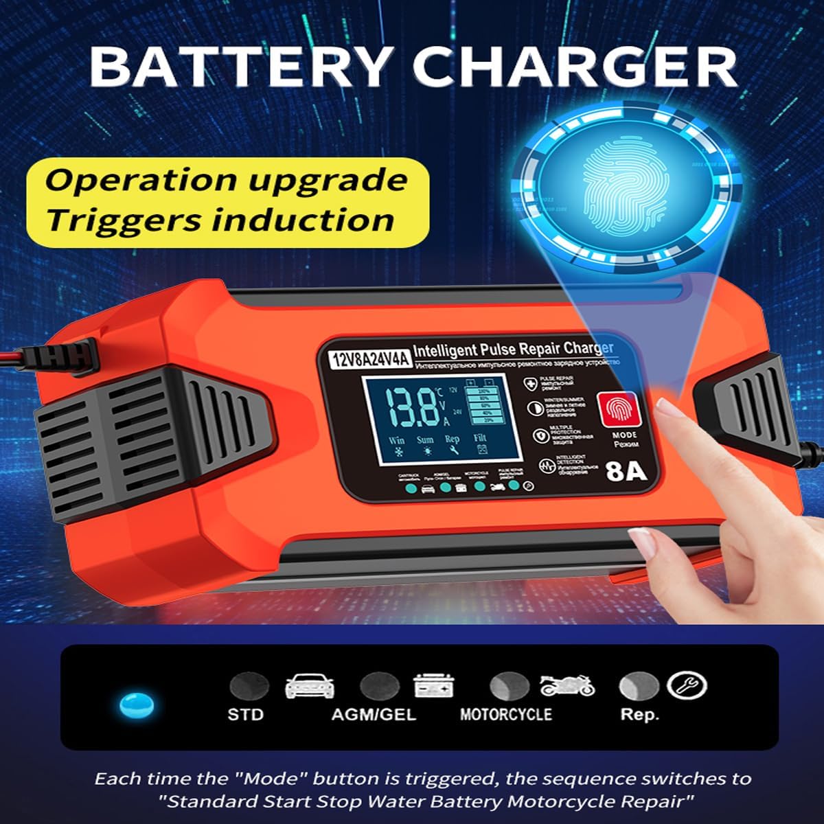 ZiYiJuan 8-Amp Smart Car Battery Charger and Maintainer, 12V/24V Automatic with LCD Display