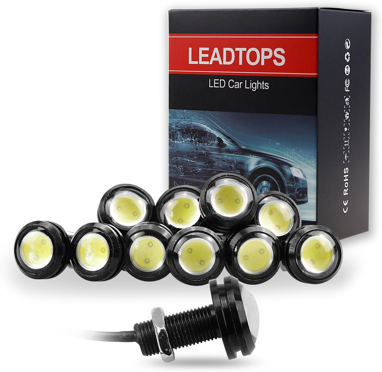 LEADTOPS 10Pcs 18mm 12V Eagle Eye LED Car Fog DRL Daytime Running Light Backup Reverse Tail Rock Lights Small bulb (White, Black Case)