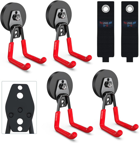3-H Heavy Duty Magnet Garage Hooks 4 Pack, Large Strong Magnetic Hooks for Hanging Cordless Power Drill, Utility Magnetic Tool Holder for Metal Cabinet, Steel Pegboard, Toolbox, Garage(Red)