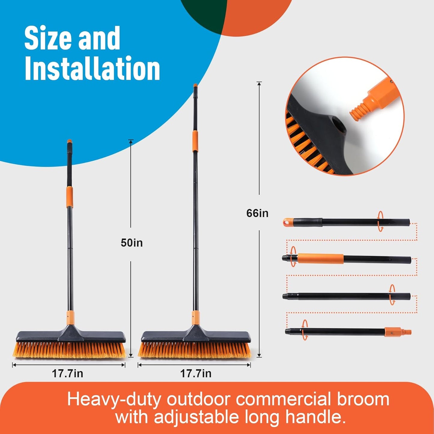 2 Set 18" Push Broom Outdoor with 65” Extendable Long Handle, Stiff Bristle Heavy Duty Broom for Indoor and Outdoor, Bathroom, Kitchen, Tub, Tile, Patio, Deck, Concrete, Commercial Brooms