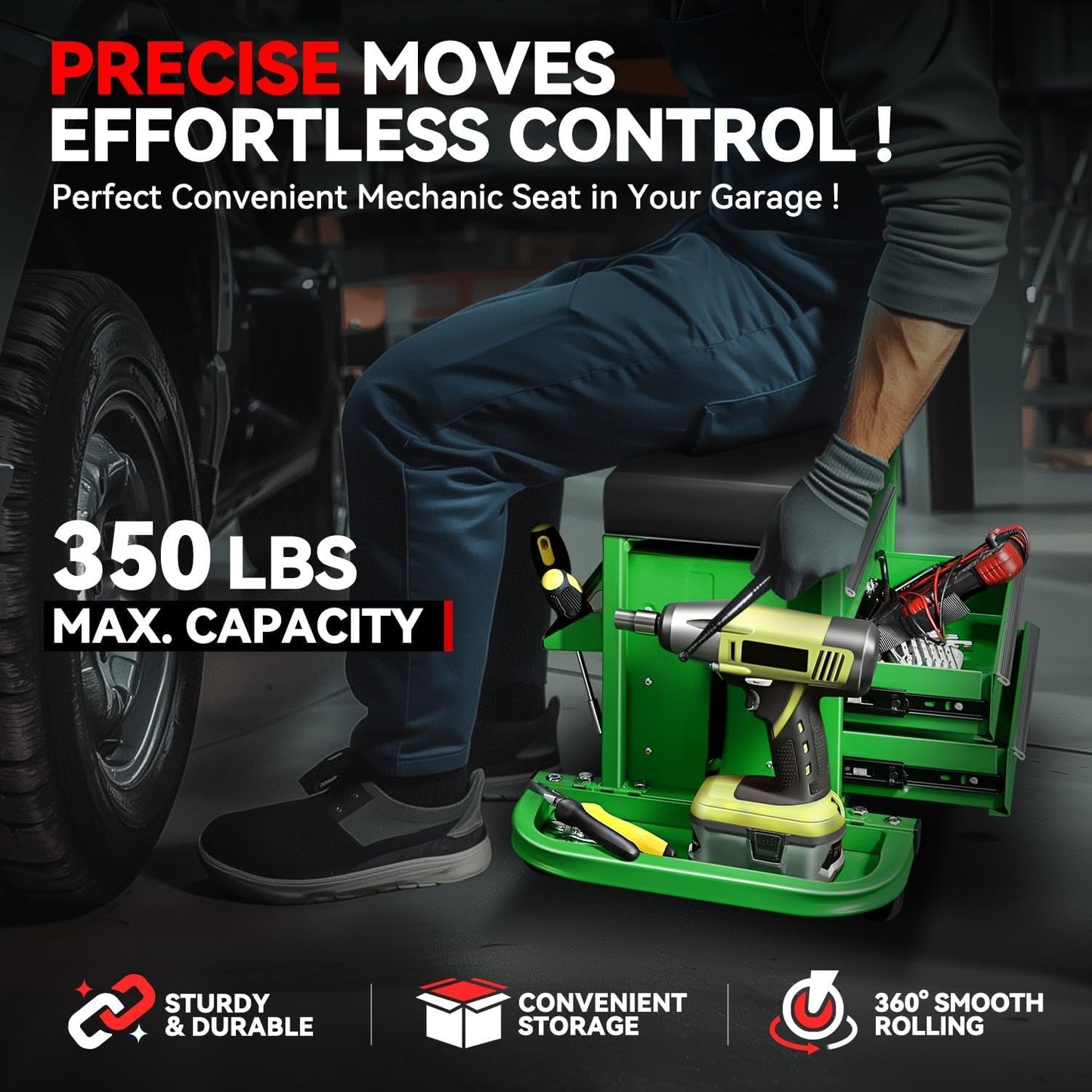 Auto Dynasty 3-Drawer Mechanic Rolling Seat, 350 LBS Capacity Roller Garage Shop Seat with Storage Tool Tray for Workshop, Repair Shop, Warehouse, Green