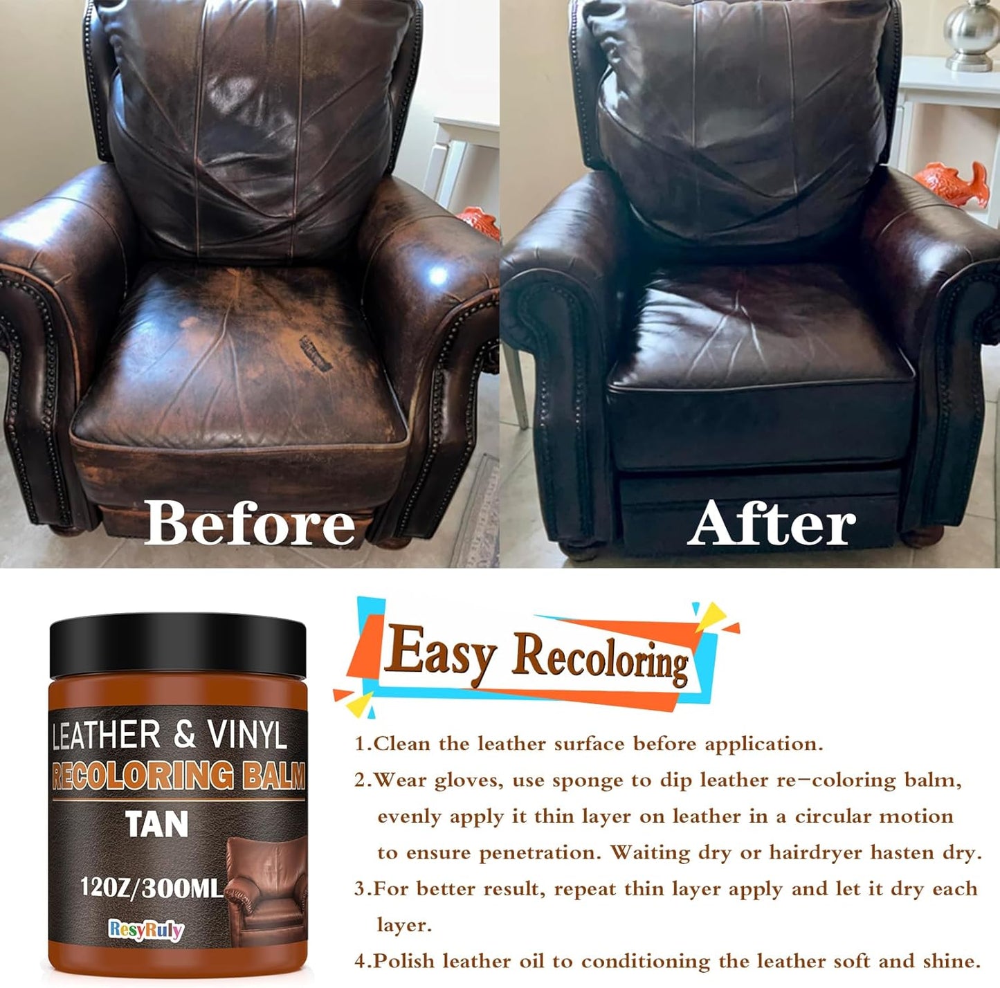 Saddle Tan Leather Dye Light Brown Recoloring Balm Repair Kit Vinyl Car Seat Interior Paint Furniture Couch Recliner Chair Boot Jacket Shoe Bag Purse Color Restorer Fading Scratch Stain Remover