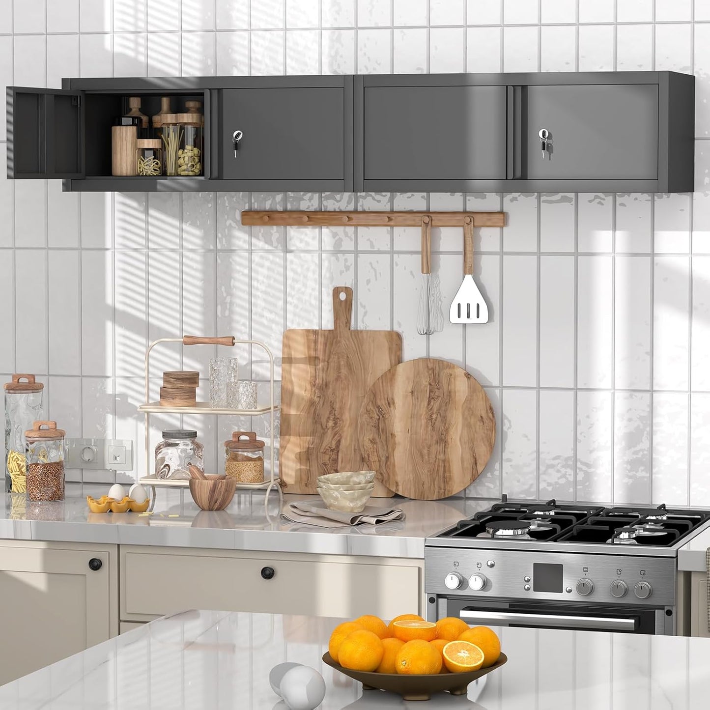 GREATMEET Metal Garage Storage Cabinets, Lockable Storage Cabinet with Doors, Wall Mount Cabinet Storage with Lock, Hanging Floating (Black, 13" H)