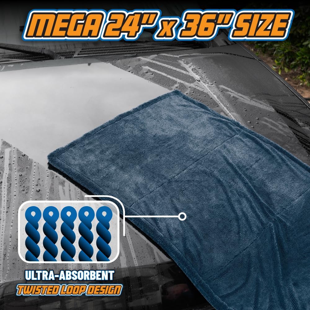 Chemical Guys, Megalodon, Microfiber Drying Towel with Twisted Loop Technology (Super Plush for Car, Truck, SUV, RV, & More) 24" x 36" Dark Blue - MIC531