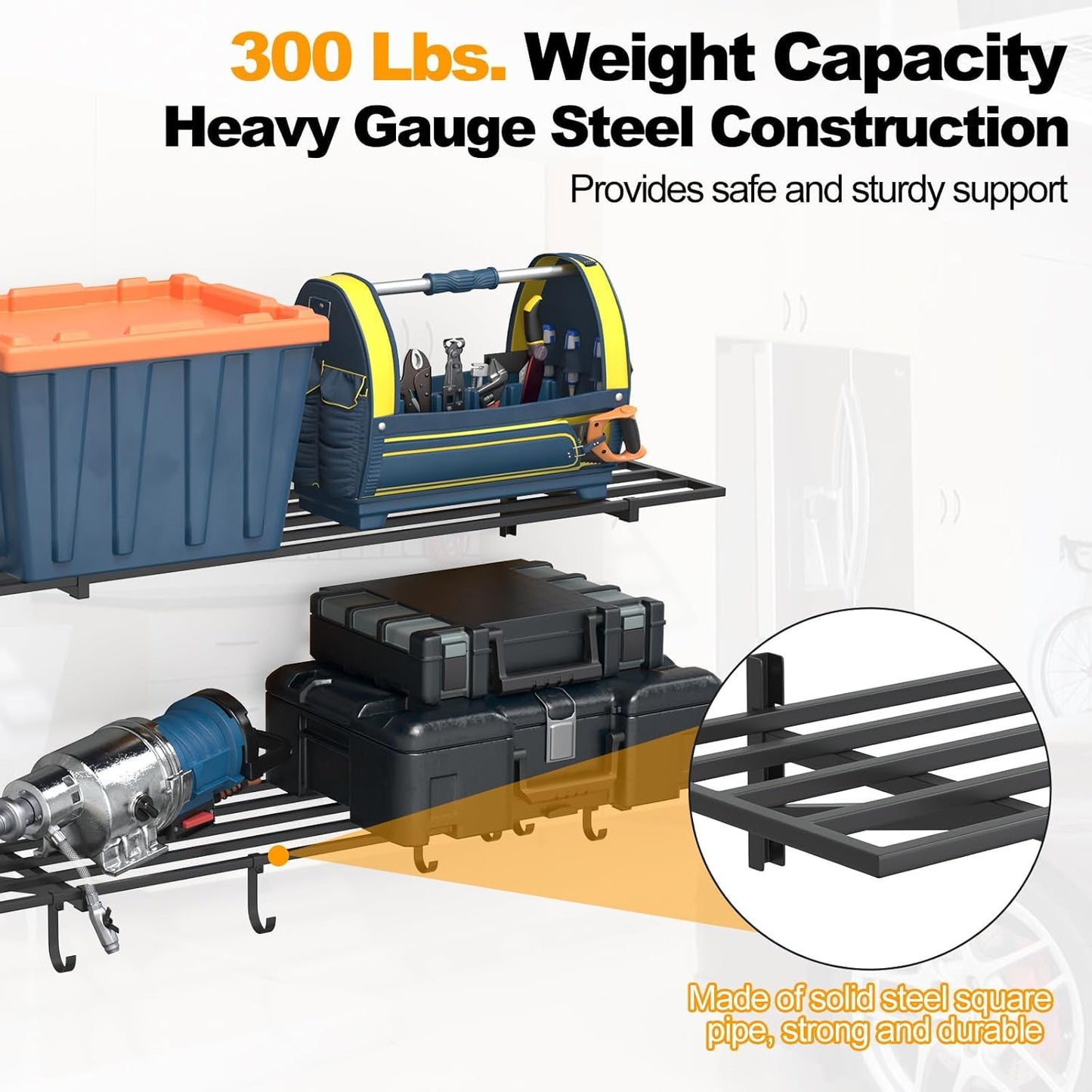 2-Pack 1×4ft Steel Wall Mounted Garage Shelves with Hooks, 300LB Each Heavy Duty Shelving for Garage Storage & Organization