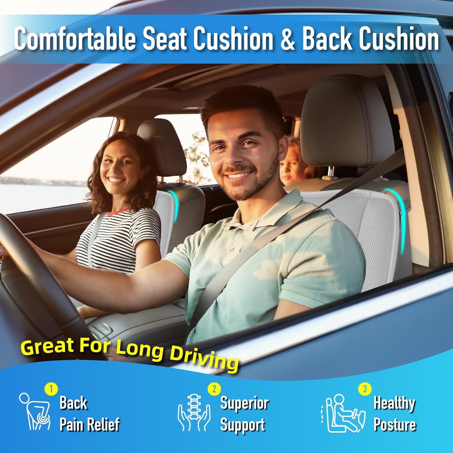 Car Seat Cushion with Back Support Pillow, Comfy Lumbar Support & Seat Cushion, Memory Foam Driving Pillow for Back-Sciatica Pain Relief, Auto Pad Suitable for Car, Truck, SUV - 4D Mesh Grey