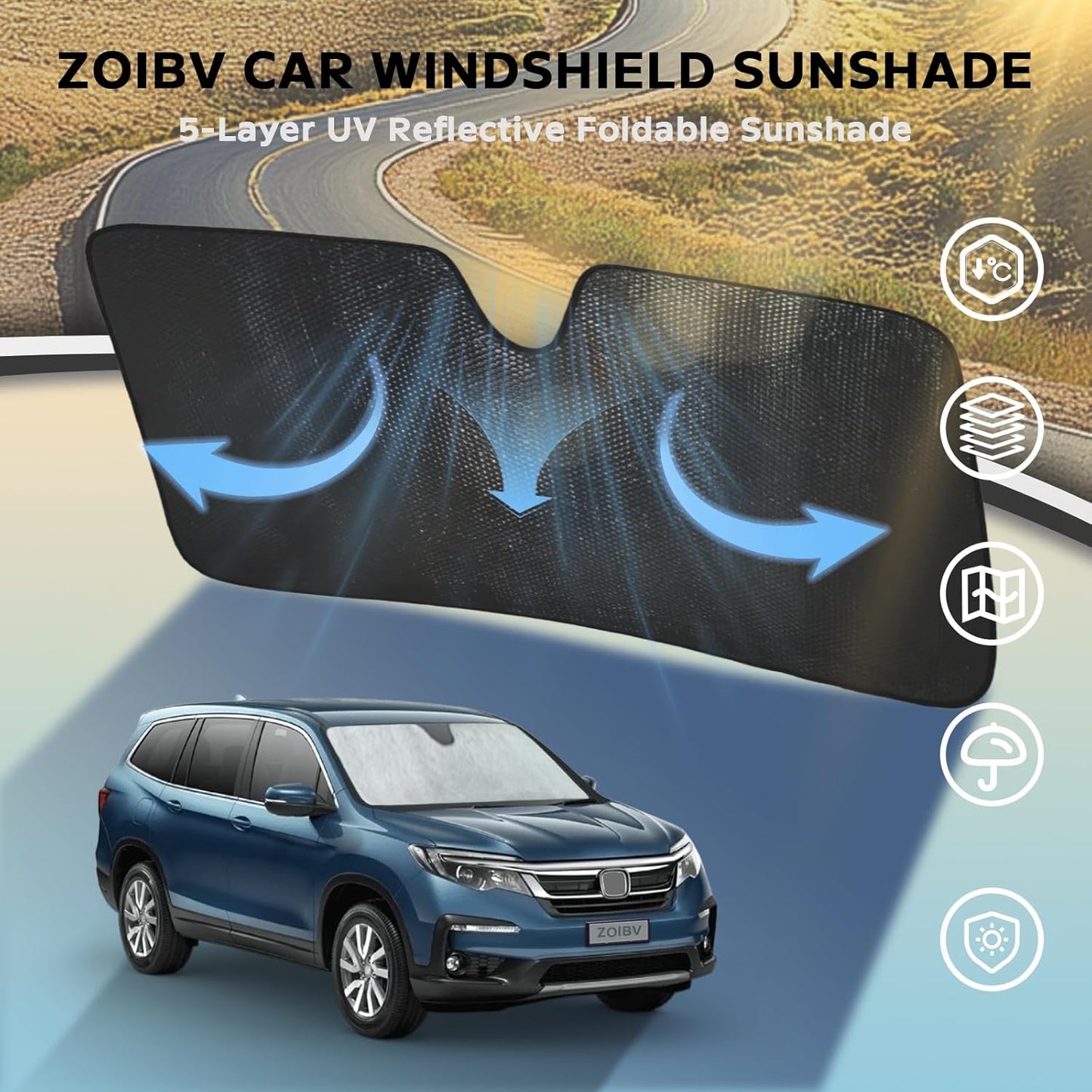 Windshield Sun Shade for Honda Pilot 2016-2024 - 5-Layer Bubble Foldable Front Window Shade Sun Visor Accessories - Blocks Heat & UV Rays
