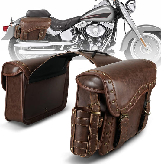 NICECNC Motorcycle Saddle Bags, PU leather Motorcycle Saddlebags, Reinforced Straps & Saddle Piece, with Cup Holder, Throw Over Saddle Bags Side Bags Universal Motorcycle Accessories, BROWN