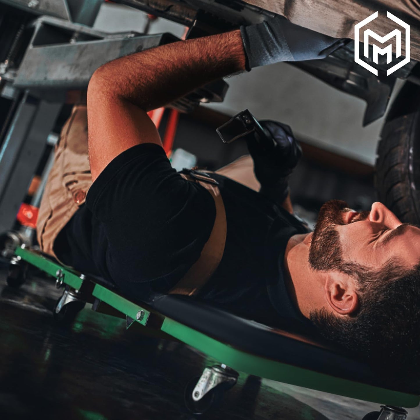 M-AUTO 40-Inch Folding Creeper Rolling Seat, All-in-One Adjustable Roller Garage Chair, Lay Down or Sit, 330LBS Capacity Under Car Roller Creeper with 6 Swivel Casters, Green