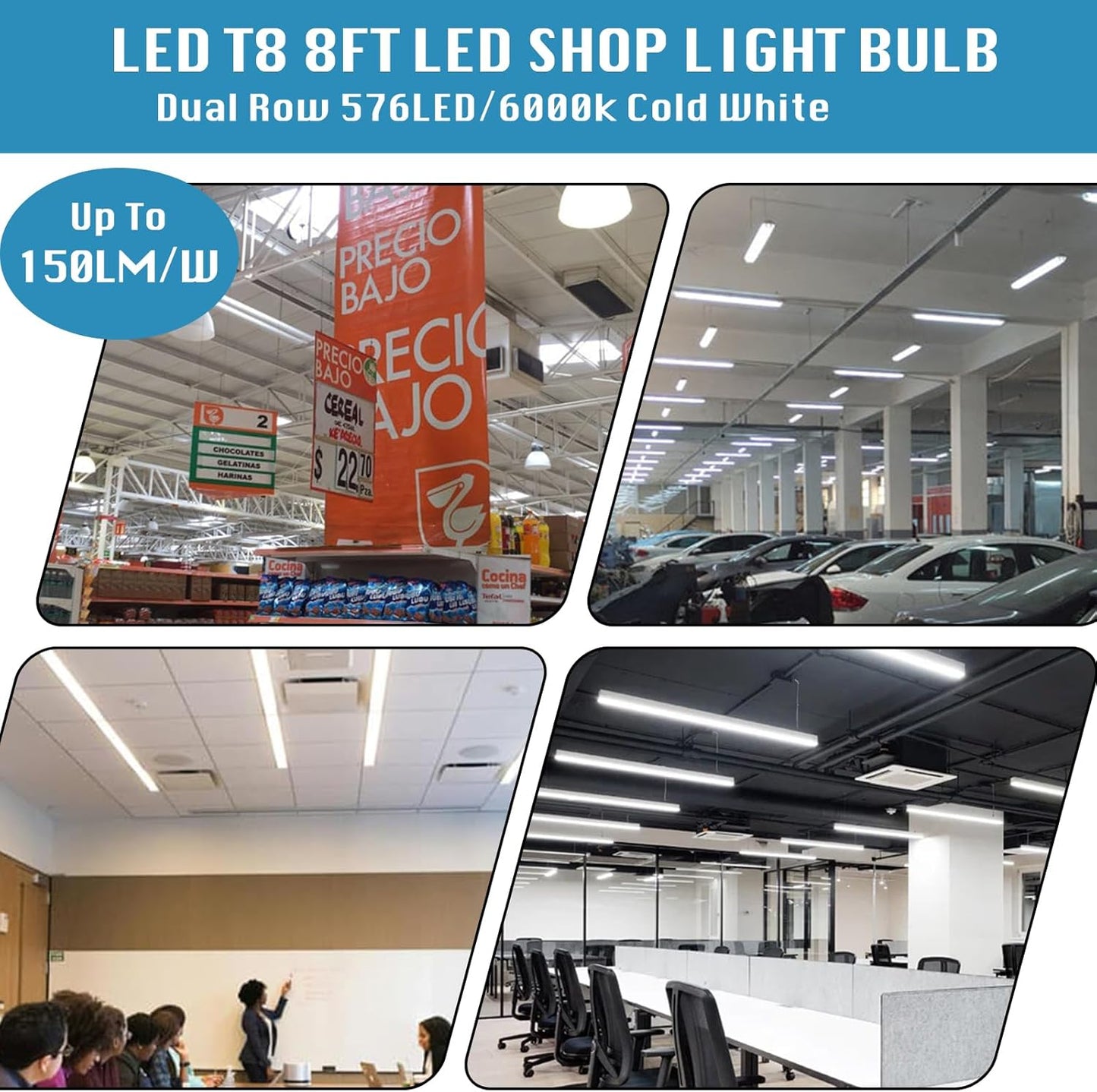 12 Pack,Led Shop Lights, 8FT Led Shop Light,100W 6000K 15000LM Clear White Frosted Cover,Led Shop Light 8FT 110V Linkable Integrated Flat-Shape for Shop Garage,Warehouse,