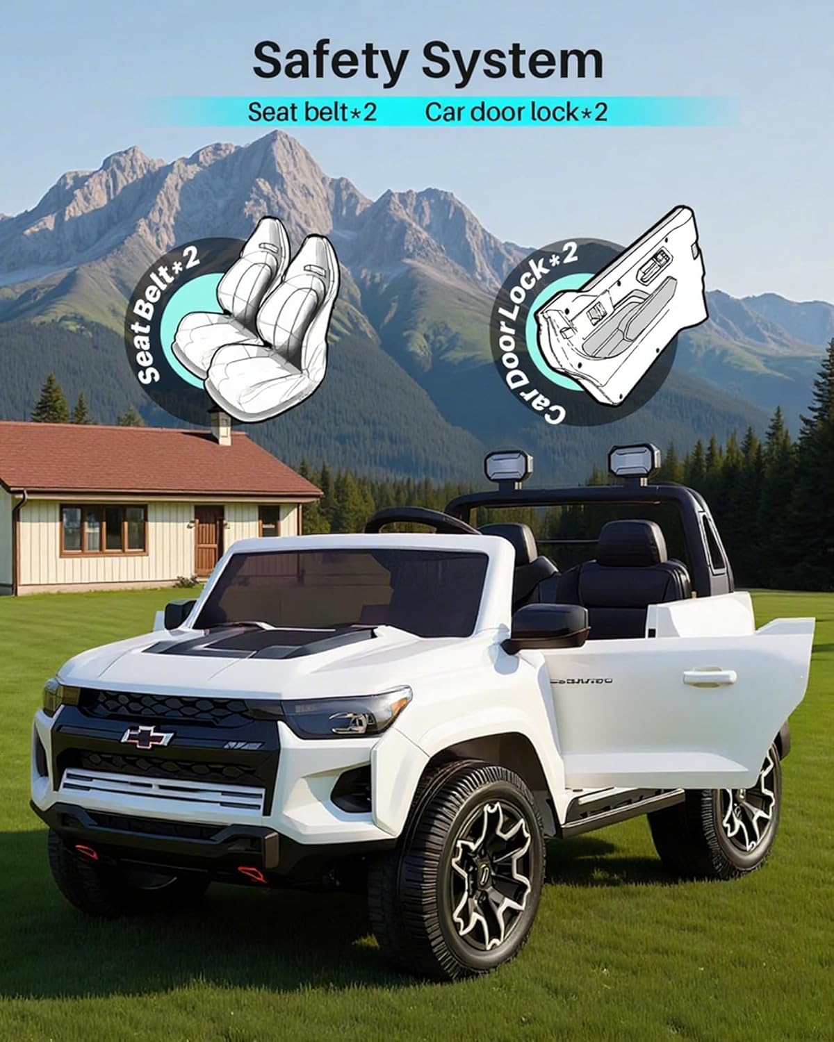 Joywhale 24V Ride on Truck 4WD Kids Electric Vehicle Licensed Chevorlet Ride on car with 7AH Big Battery, 320W Powerful Motors. 2 Seats, Music, 4 Wheel Suspension, 2 Speeds, LED Lights, White