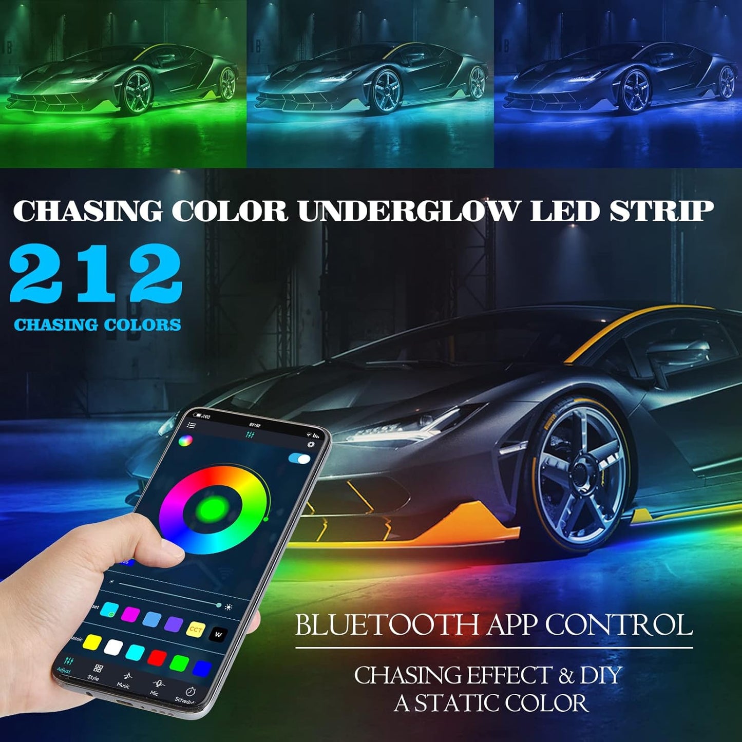 Car Underglow Lights Chasing Color, Upgraded Bluetooth Led Strip Light with Dream Color Chasing 212 Mode, Music Mode, DIY Mode, APP Control Underbody Strip Kit for Car, 35Inch & 47Inch, 6PC Pack