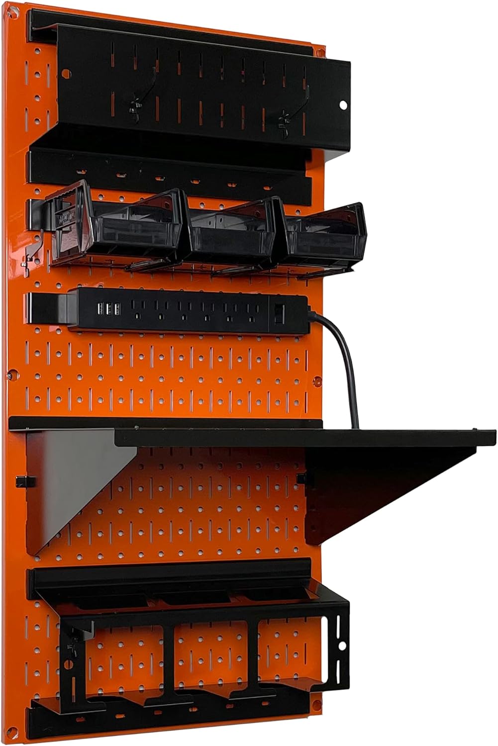 Wall Control Power Tool Storage Organizer Kit Cordless Drill Holder Charging Station Rack 16” x 32” Metal Pegboard Organization System (Orange Pegboard)