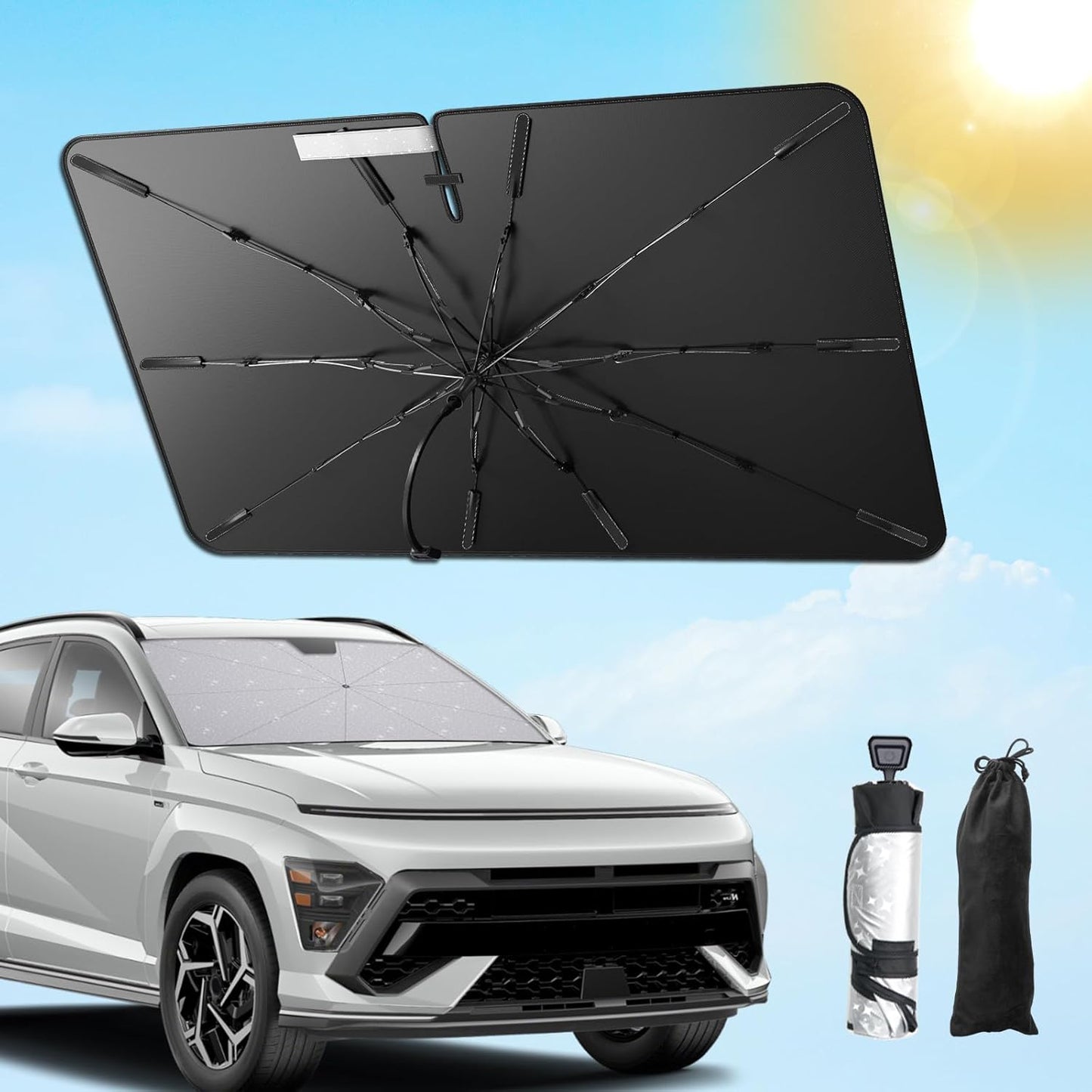 SXCY for 2024 2025 Hyundai Kona Windshield Umbrella Sunshade [Easier Foldable] for 2024 2025 Hyundai Kona Accessories 2025 Kona Sunshade Umbrella 2025 Kona Windshield Umbrella Sun Shade
