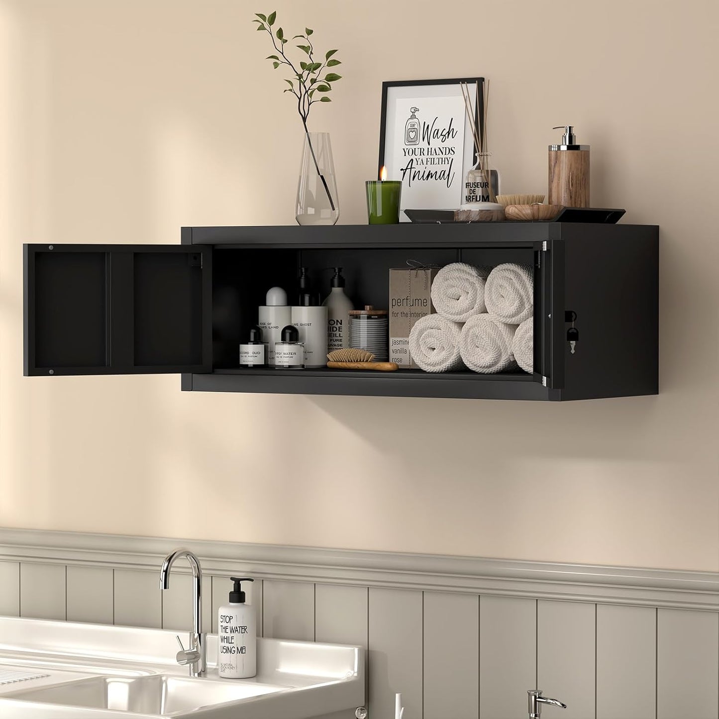 LUCYPAL Garage Storage Cabinet,Metal Wall Storage Cabinet with Locking Doors for Workshop,Kitchen,Steel Tool Hanging Cabinets for Warehouse,Home Office,Black,12.8''H