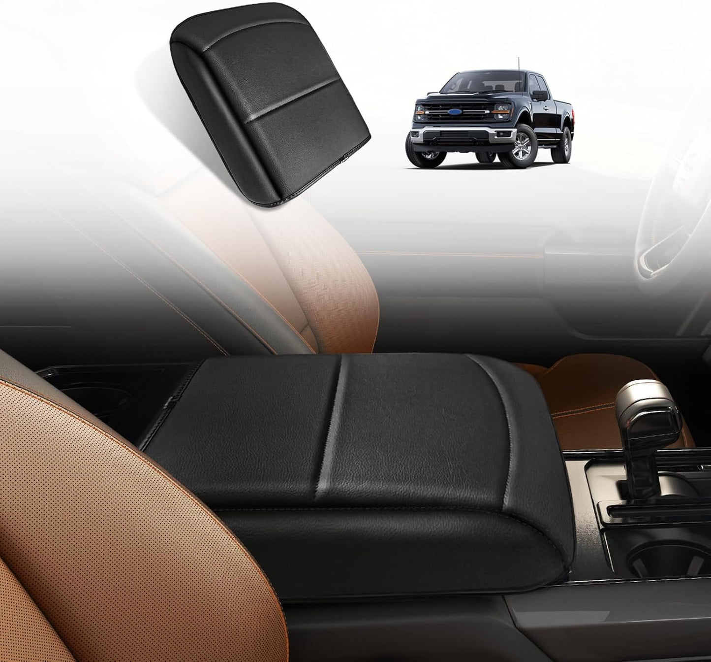 Muslogy Center Console Armrest Cover Compatible with Ford F150 2021-2024 2025 Comfort Armrest Pad Arm Rest Cushion Vegan Leather Protector 1-Inch Extra Thick(Bucket Seat ONLY)