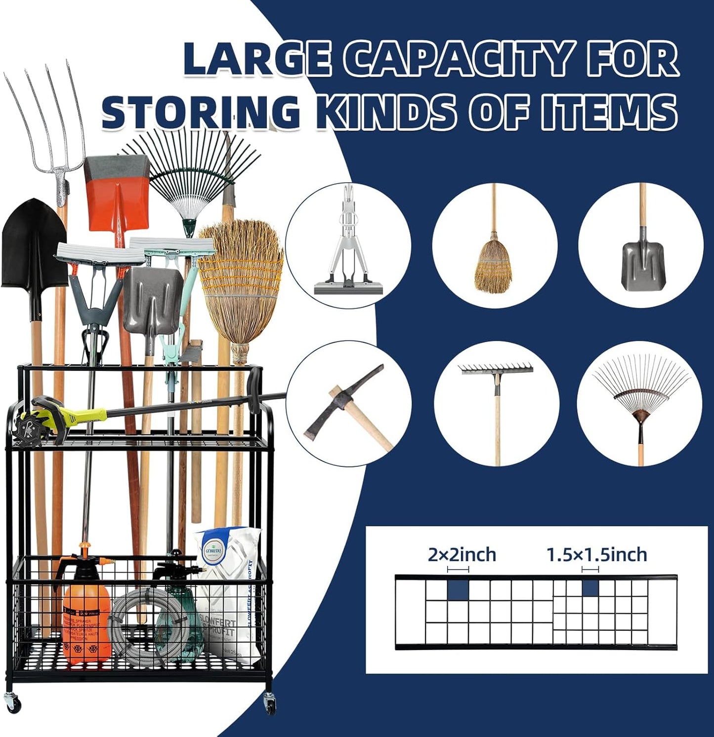 Heavy Duty Garden Tool Storage and Organizer, Yard Tool Organizer with Wheels, Thickened Metal Large Tool Organizers and Storage for Garage, Shed, Outdoor