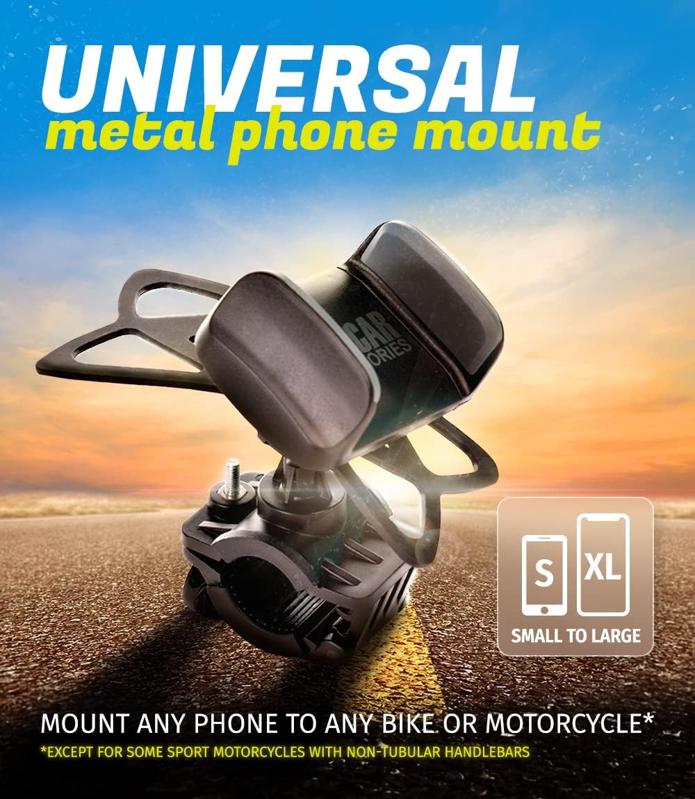 Metal Bike & Motorcycle Phone Mount for Any Smartphone (iPhone 16 Pro Max/e, Galaxy S25). Unbreakable Handlebar Cell Phone Holder for Bike, Scooter, Bicycle Phone Mount. x10 to Safeness & Comfort
