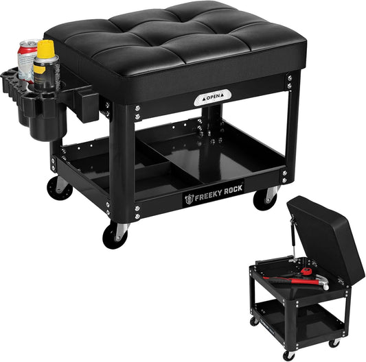Rolling Mechanic Shop Stool with Wheels, Garage Mechanics Stool with 2 Layer Repair Tools Tray, Padded 360° Swivel Automotive Roller Creeper Seat Shop Chair, Heavy Duty, 330 LBS Capacity, Black