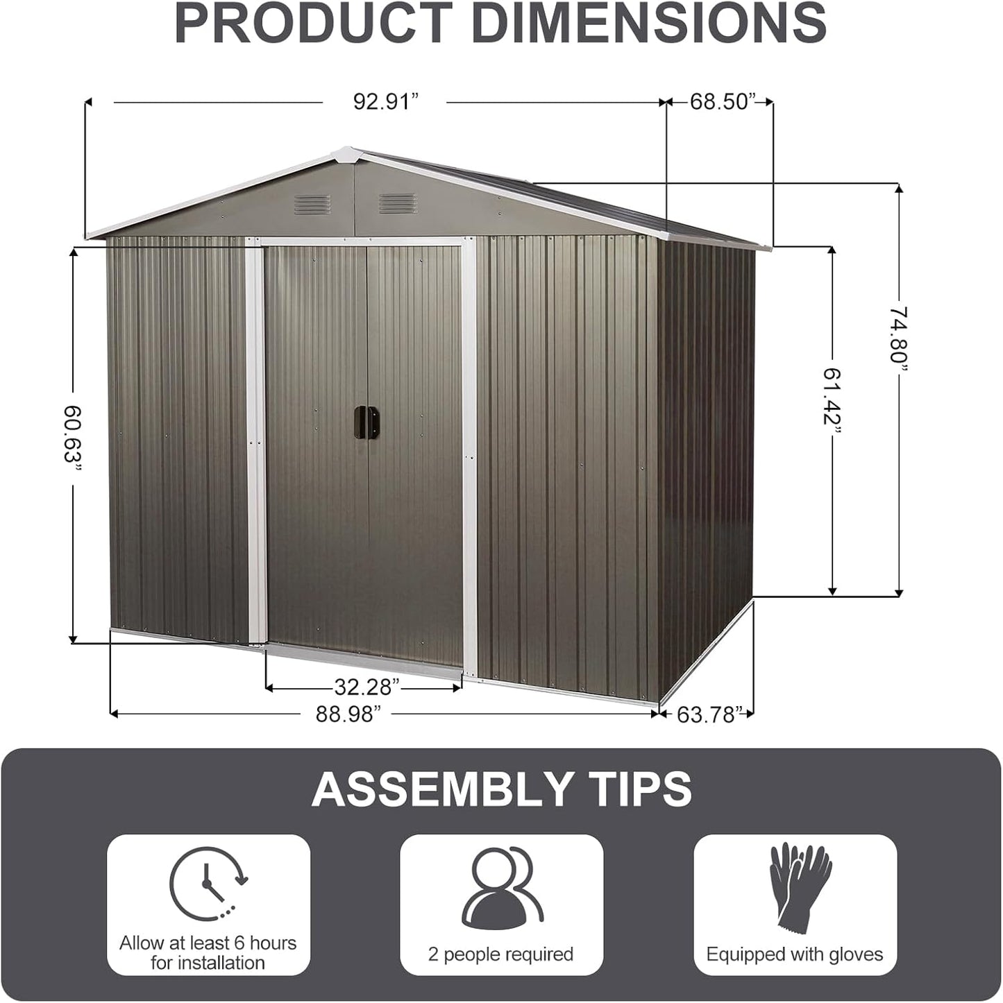 6x8 FT Outdoor Storage Shed, Metal Garden Shed with Frame Floor, Outside Tool Shed with Lockable Sliding Doors, Waterproof Storage Building with Sloped Roof for Backyard, Patio, Lawn, Gray