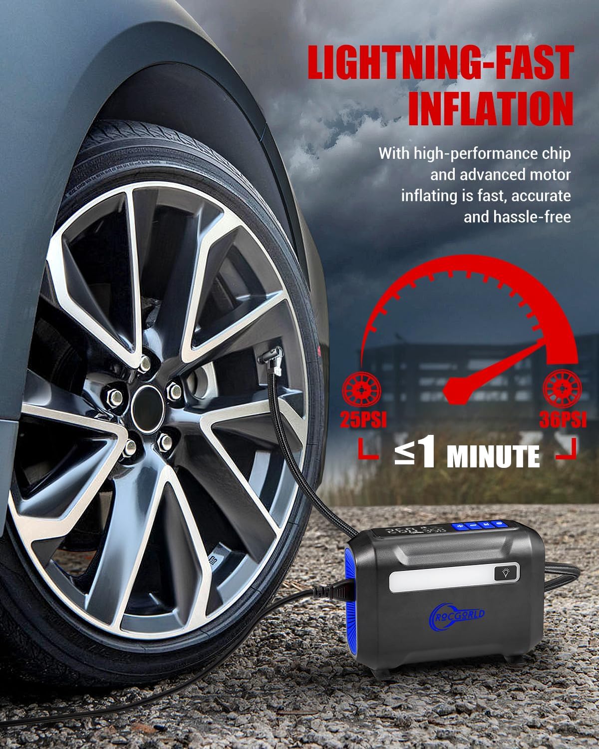 R8 Tire Inflator Portable Air Compressor, DC 12V Air Compressor Portable with Large Dual Digital Screen, 3X Faster Inflation Air Pump for Car, Bike, Ball, Motor (Blue)
