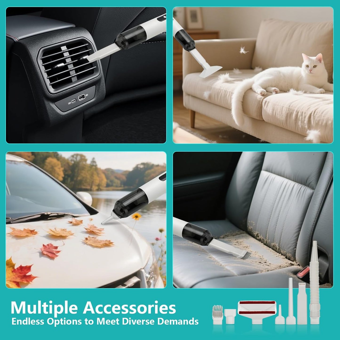 Mini Car Vacuum, 5 in 1 Cordless Handheld Vacuum Cleaner 16800Pa Suction Power, Type-C Charge & LED Display, Multi-Nozzles, Blowing & Inflating Lighting Modes Portable Vacuum for Car Office Pet Home