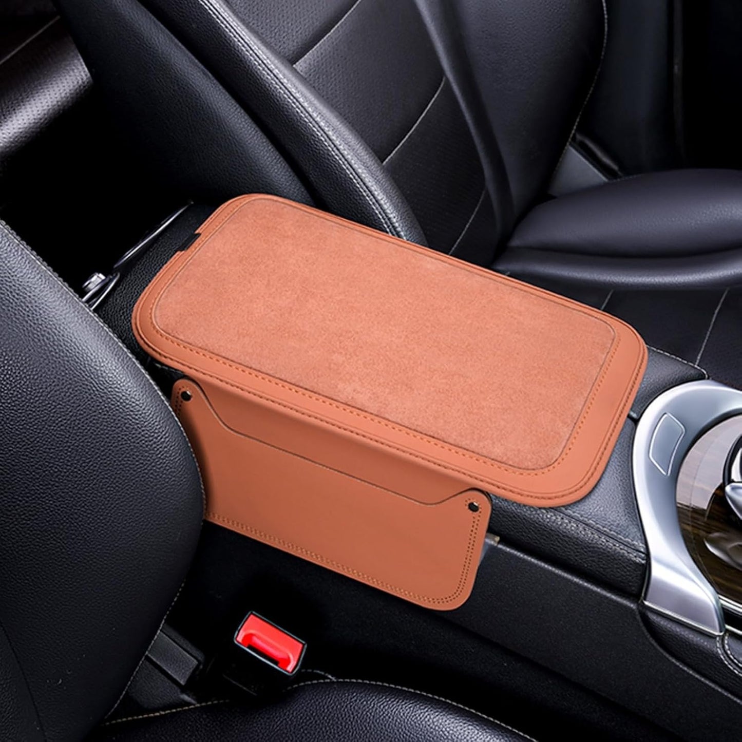 Arm Rest Cover for Car with 2 Storage Bags, Central Console Cover Armrest Pad, Suede Leather, Auto Interior Accessories for Most Vehicles, All-Season Comfort, Orange