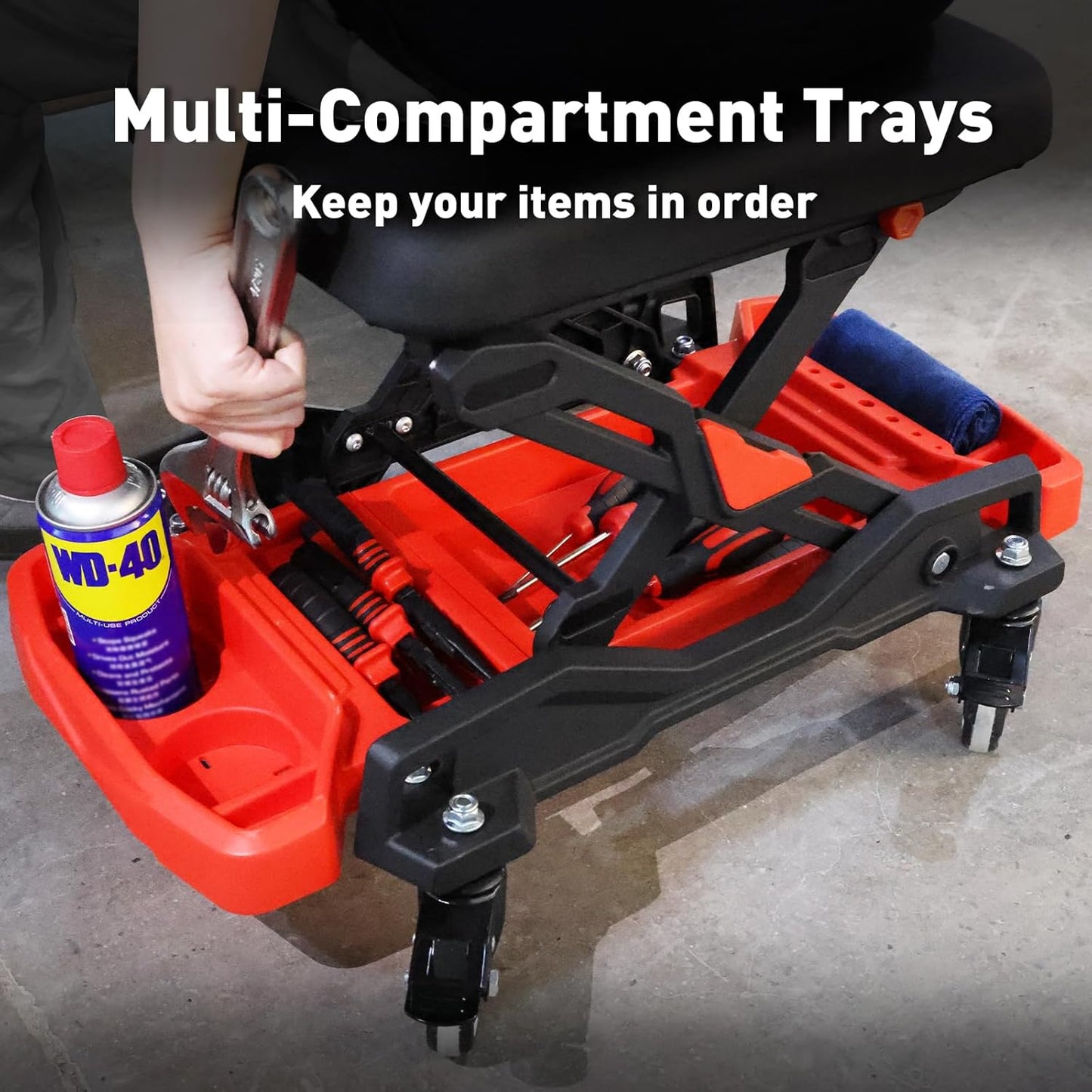 Automotive Creeper Seat with Rolling Wheels, 300 LBS Capacity Mechanic Stool, Heavy Duty Garage Stool with Soft Padded Cushion and Tool Trays, Foldable Design for Easy Storage