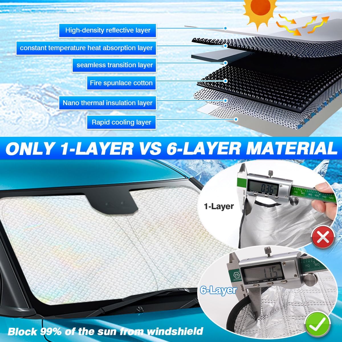 Windshield Sun Shade for Chevrolet/Chevy Equinox 2018-2024 Accessories Thicken 6-Layer Foldable Front Window Sunshade Sun Visor Protector Block UV Rays Keep Vehicle Cool