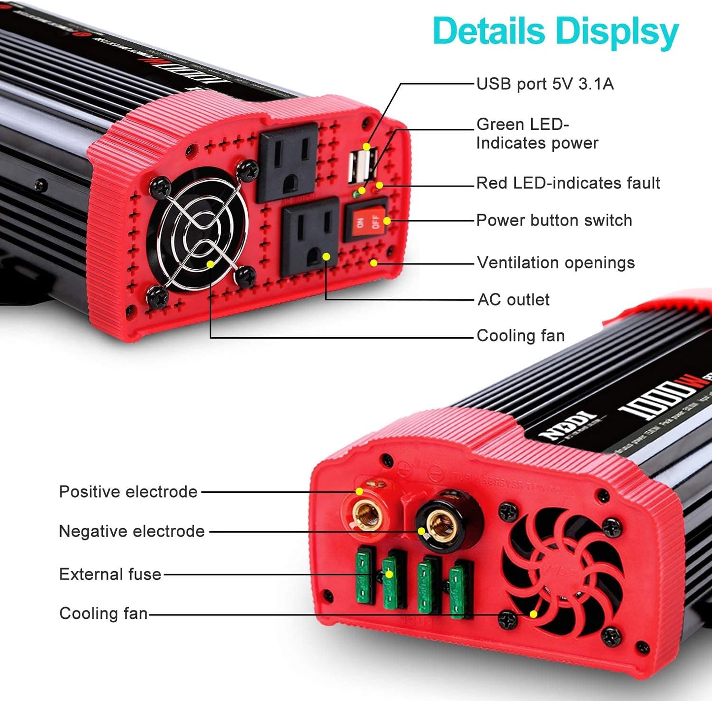 1000W Car Power Inverter, DC 12V to AC 110V Car Inverter with Dual AC Outlets and Dual 3.1A Quick Charging USB Port Car Adapter