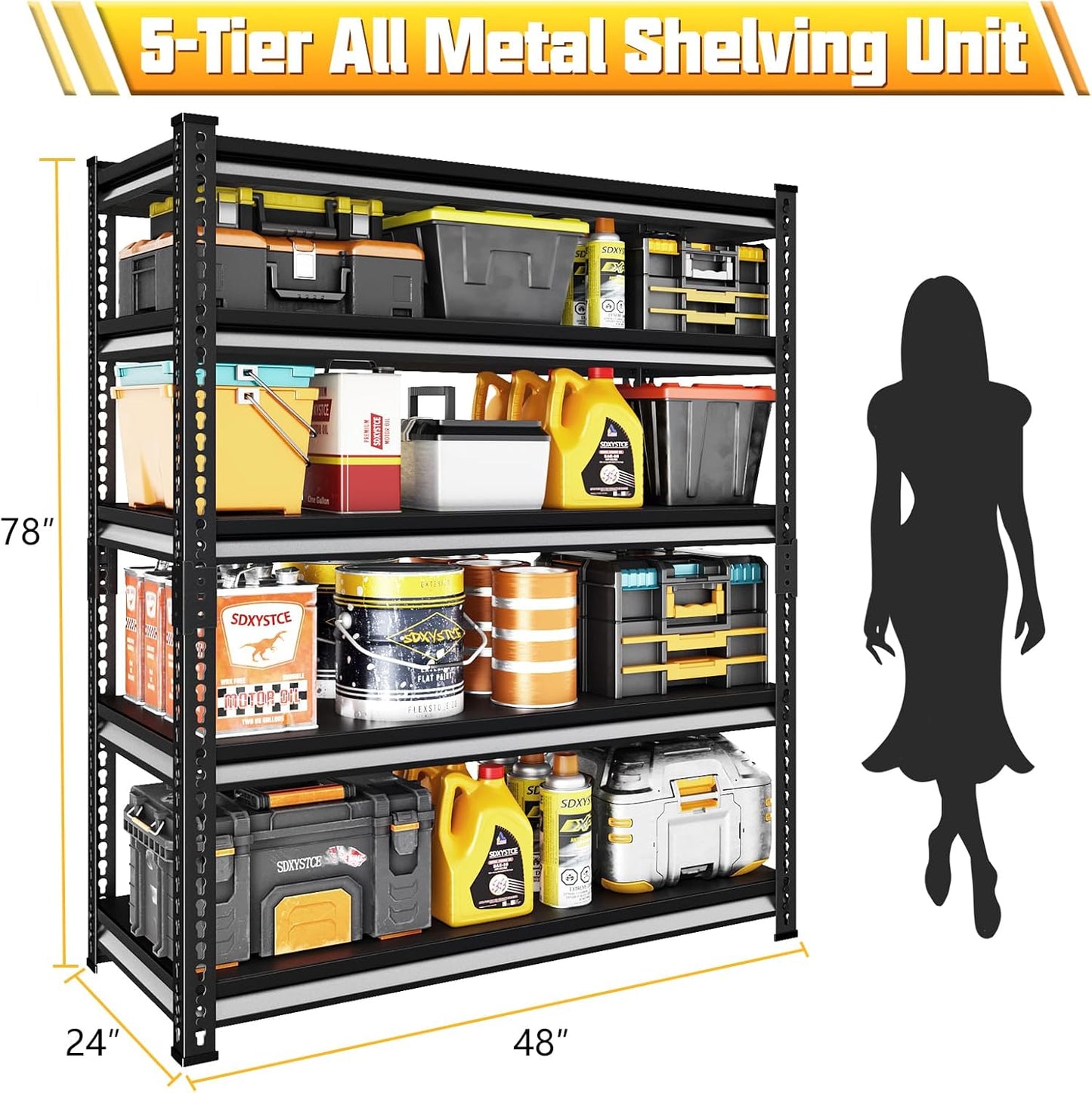 48" W Garage Shelving Heavy Duty, 3000LBS Loads Adjustable Garage Storage Shelves, 5-Tier Metal Shelving Units and Storage Racks, Industrial Utility Shelf,48" Wx24 Dx78 H, Black