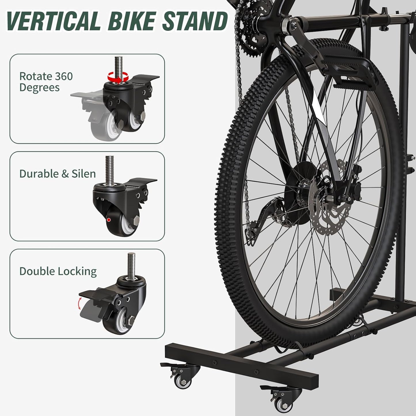 Vertical Bike Stand, Upright Bike Parking Rack Floor, Adjustable Bicycle Storage for Wheels Sizes up to 29", Freestanding Bicycle Organizer with Swivel Casters, Indoor Bike Holder for Garage Apartment
