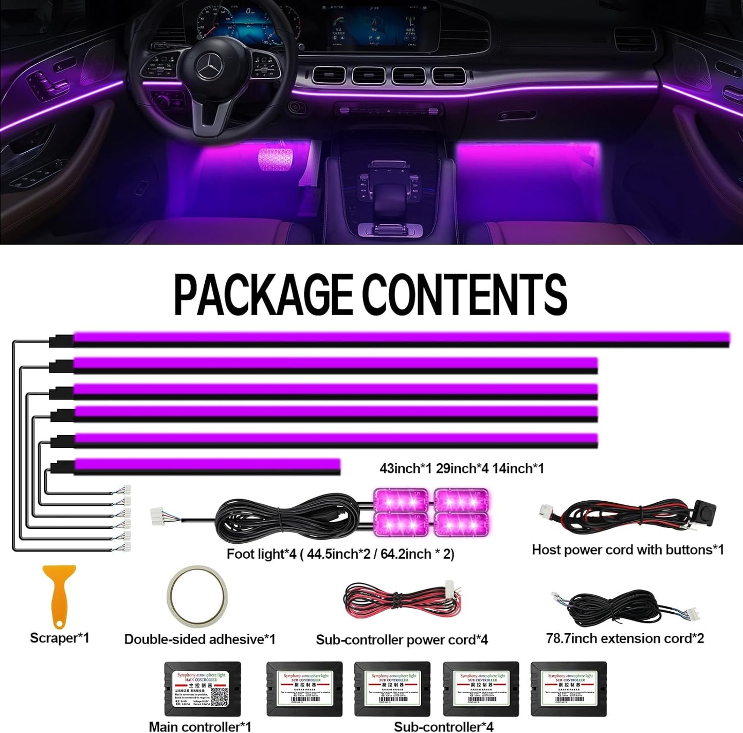 Acrylic Interior Car Lights, WEBUPAR Car Accessories 10 in 1 Car LED Strip Lights with APP Control, 175 inches 593 LEDs Fiber Optic Lights, RGB Neon Car Lighting