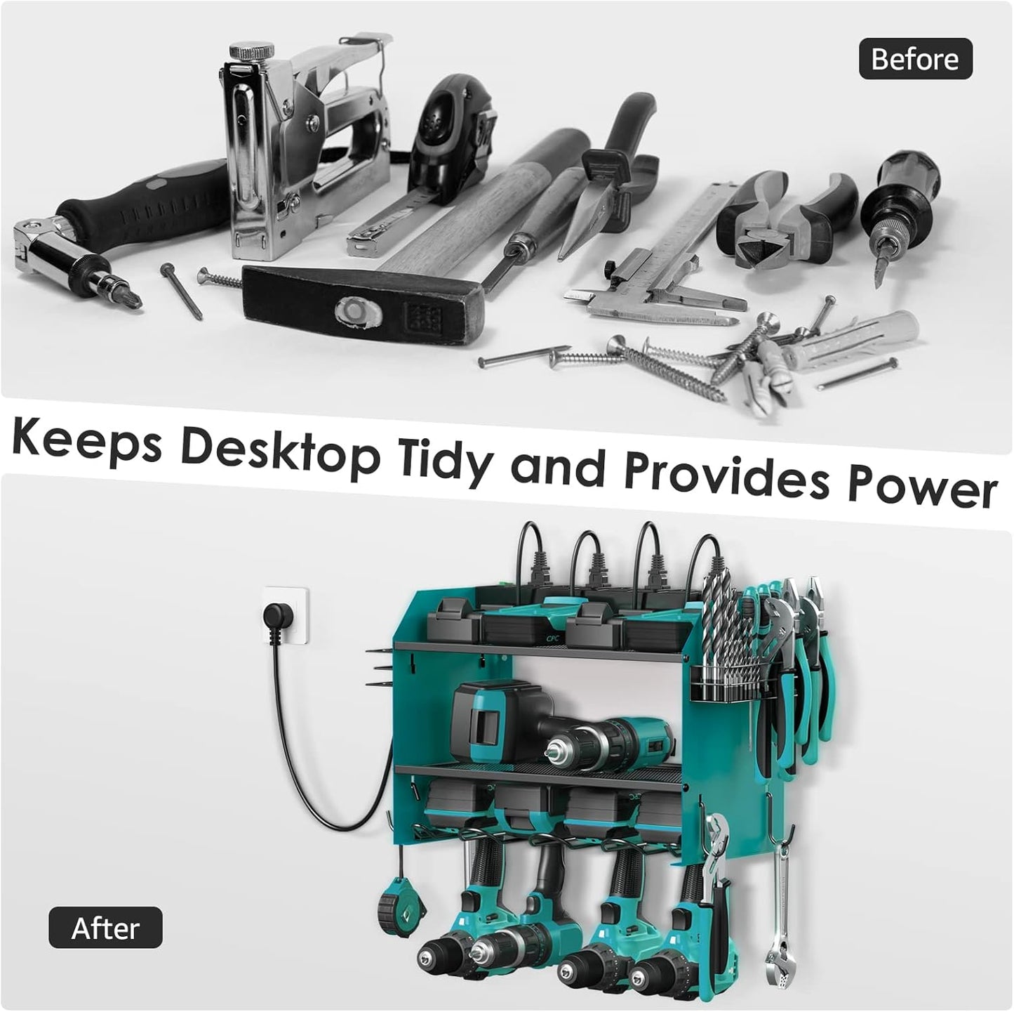 CCCEI Set Power Tool Organizer Wall Mount with Charging Station. Garage 4 Drill Storage Shelf with Hooks, Heavy Duty Metal Tool Battery Charger Organizer. Shop Utility Rack with Power Strip Navy Blue.