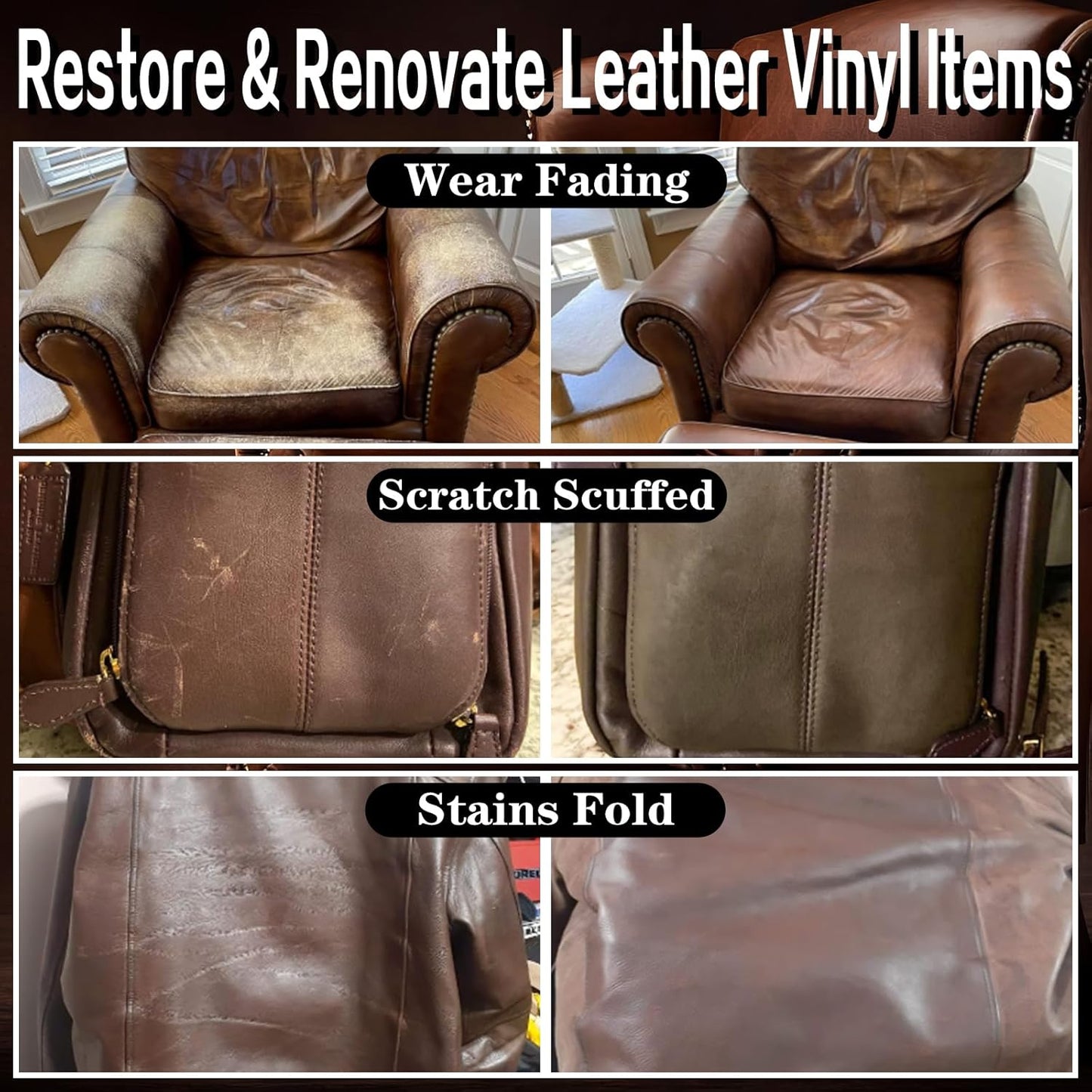 Leather Recoloring Balm Medium Brown Dye Vinyl Car Interior Leather Boat Seat Paint Furniture Couch Recliner Chair Boot Jacket Shoe Bag Purse Belt Color Restorer Fading Stain Scratch Remover Repair
