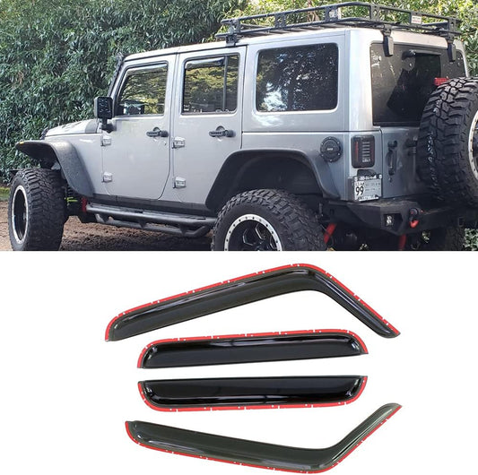 194249 Side Window Visors Wind Vent Deflector fit for 2007-2018 Jeep Wrangler 4-Door (JK),4pc in-Channel Style Dark Smoke Nice Looking Sun Rain Guards Set