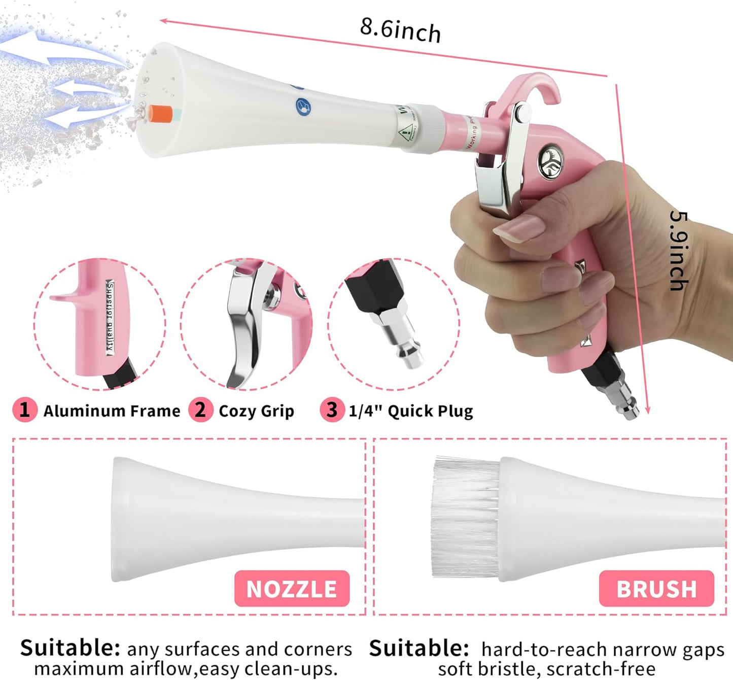 Tornado Dry Cleaning Gun Detailing Interior Dryer Air Blow Gun High Pressure Blower Gun for Women Car Detailing Kit Interior Cleaner Works with Air Compressor and Quickly Removes Surface Dirt Pink