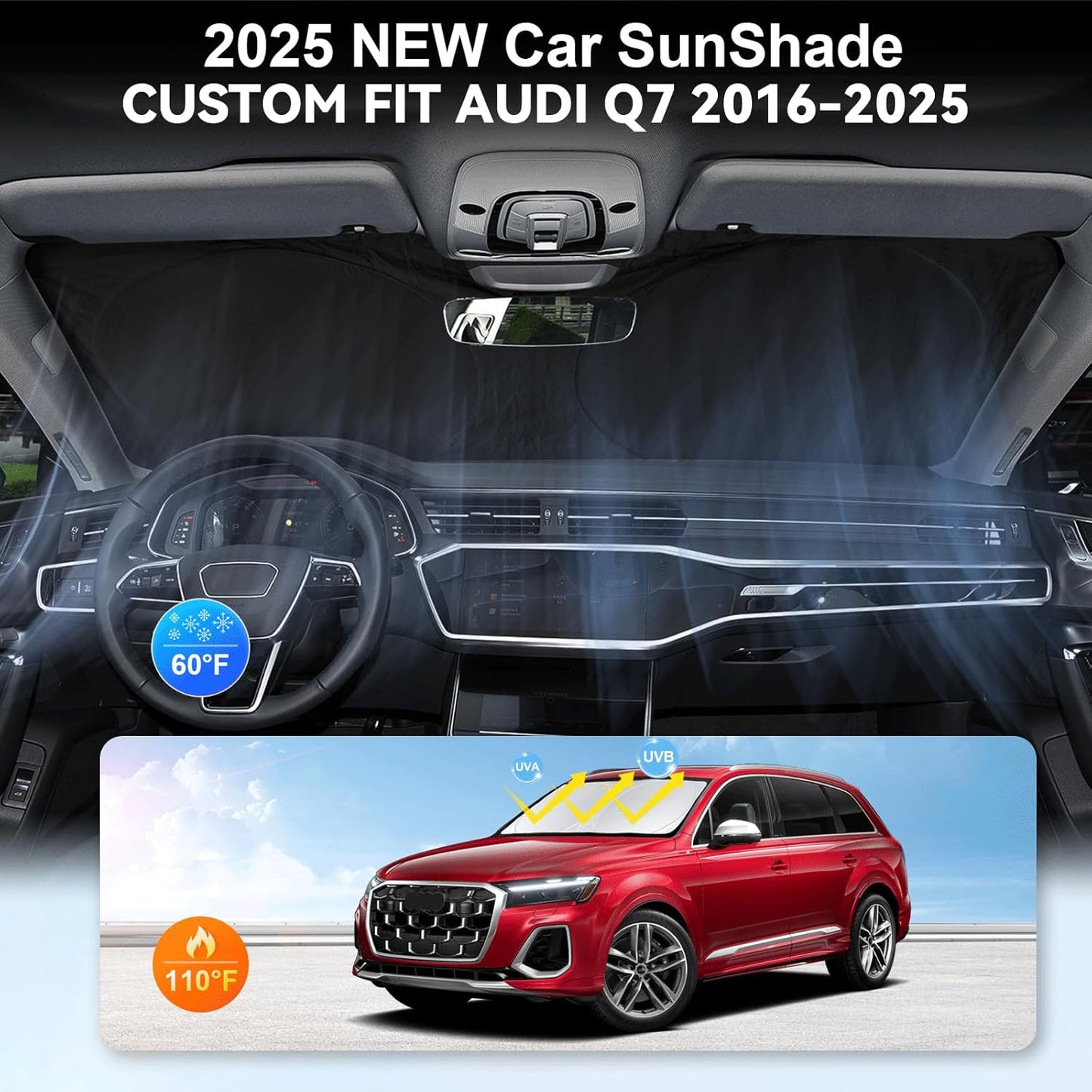 Custom fit Audi Q7 Windshield Sunshade for 2016-2023 2024 2025 2026 Audi Q7 SUV Shades Cover for Windshield Sun Visor Screen Protector 210T Reflective Blocks UV Rays Cool Car Accessories