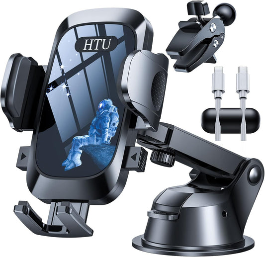 HTU [True Military-Grade] 2025 Upgraded Car Phone Holder 【Safety Certs & No Smell】 Cell Phone Holder for Car Mount for Dashboard Windshield Air Vent Long Arm Thick Case,Navy Blue