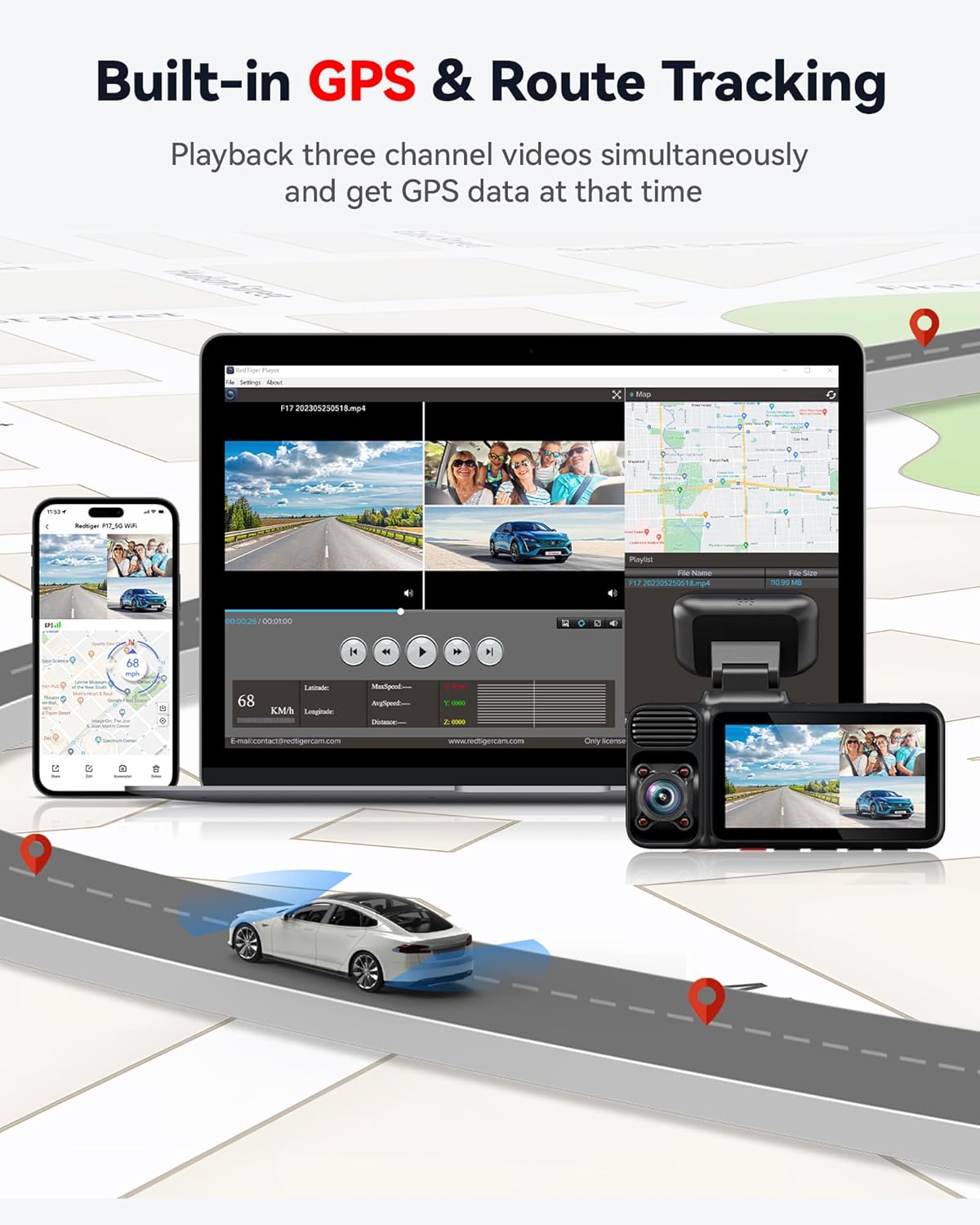 REDTIGER F17 4K 3 Channel Dash Cam, 5GHz WiFi Built-in GPS with 64GB Card, 2160P+1080P+1080P Front and Rear Inside, Triple Car Camera with 3 Inch Screen, IR Night Vision, G Sensor, WDR, Parking Mode