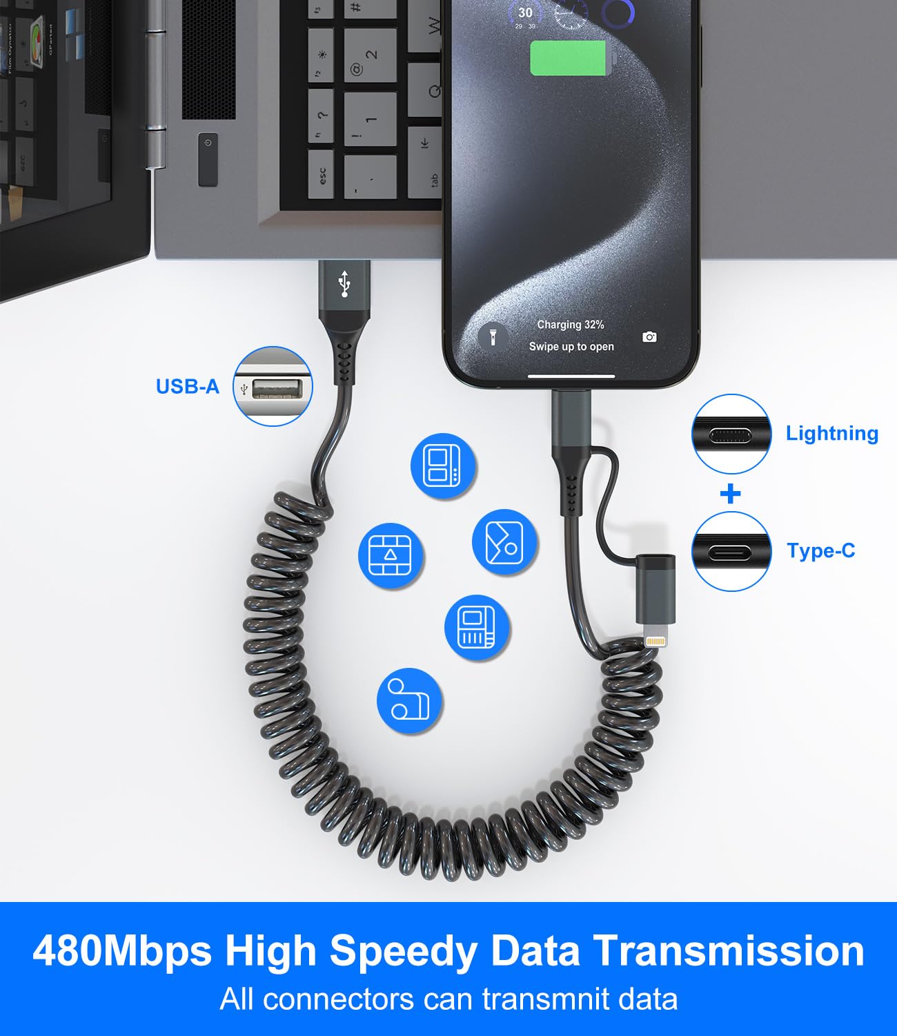 USB to USB C and Lightning Cable Support Apple Carplay & Android Auto - 3A Fast Charge & 480Mbps Data Sync Coiled Lightning Cable USB C iPhone Charger Cord for iPhone 16 15 14 13 12 11 Android