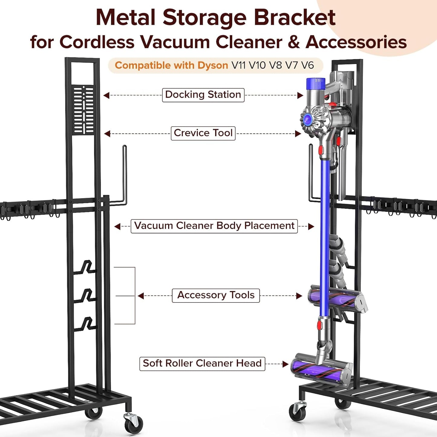 Cleaning Utility Cart on Wheels, Multifunctional Cleaning Tools Supplies Organizer with Broom and Mop Holder, Vacuum Stand Compatible with Dyson, Rolling Storage Caddy Cart for Home