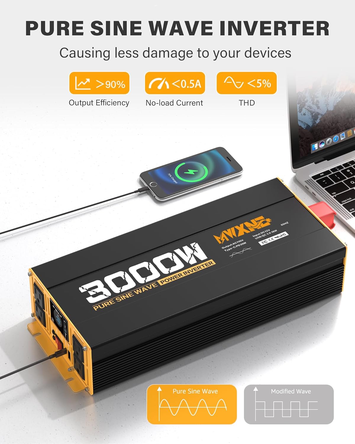 3000W Pure Sine Wave Inverter 12V DC to 110V 120V AC Converter for RV Truck Home Off-Grid Solar Power Inverter with Type-C PD30W/USB Port QC3.0 Quick Charging, 4 AC Outlets, Remote Control