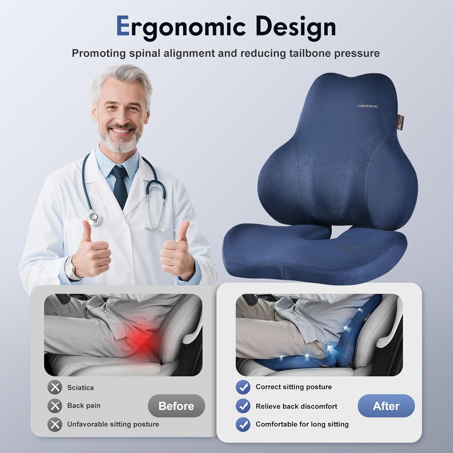 Coverado Memory Foam Car Seat Cushion and Lumbar Support Pillow for Car, Ergonomic Office Chair Cushion for Lower Back Pain Relief, Breathable & Non-Slip for Car, Home, and Office Use, Blue