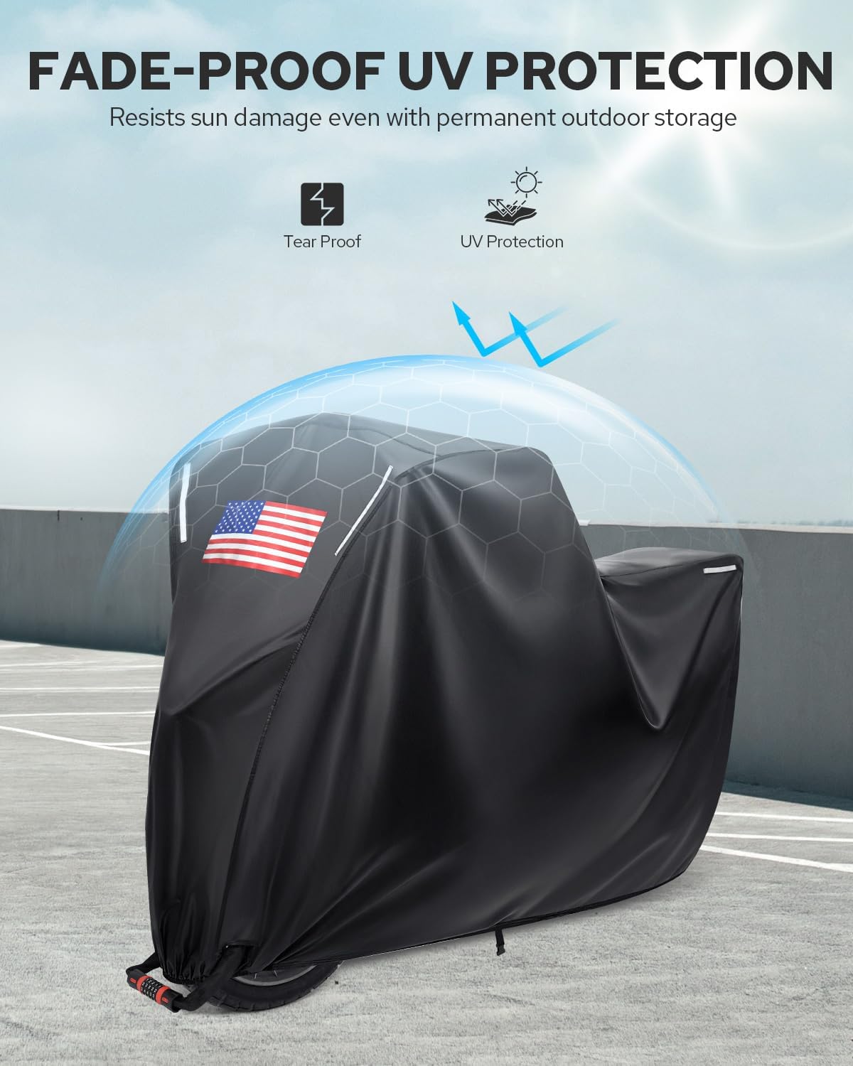 Benlari Motorcycle Cover Waterproof Outdoor, Heavy Duty Motorcycle Cover, Universal All Season Protection Night Reflective with Lock-Holes American Flag Fits up to 104" Motorcycles Vehicle Cover