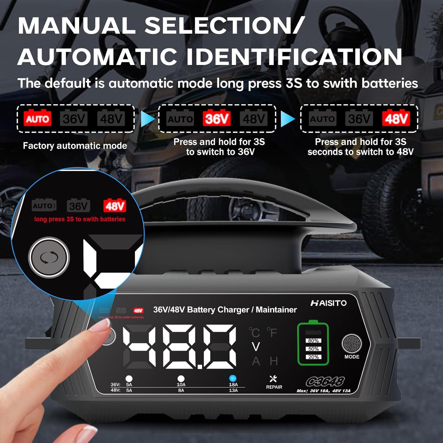 Golf Cart BatteryCharger 36V 18A and 48V 13A Trickle BatteryCharger,36 Volt Golf Cart Charger,for EZGO TXT Text with Powerwise,Lithium, LiFePO4, Lead-Acid AGM/Gel/SLA..BatteryCharger,D Style Plug