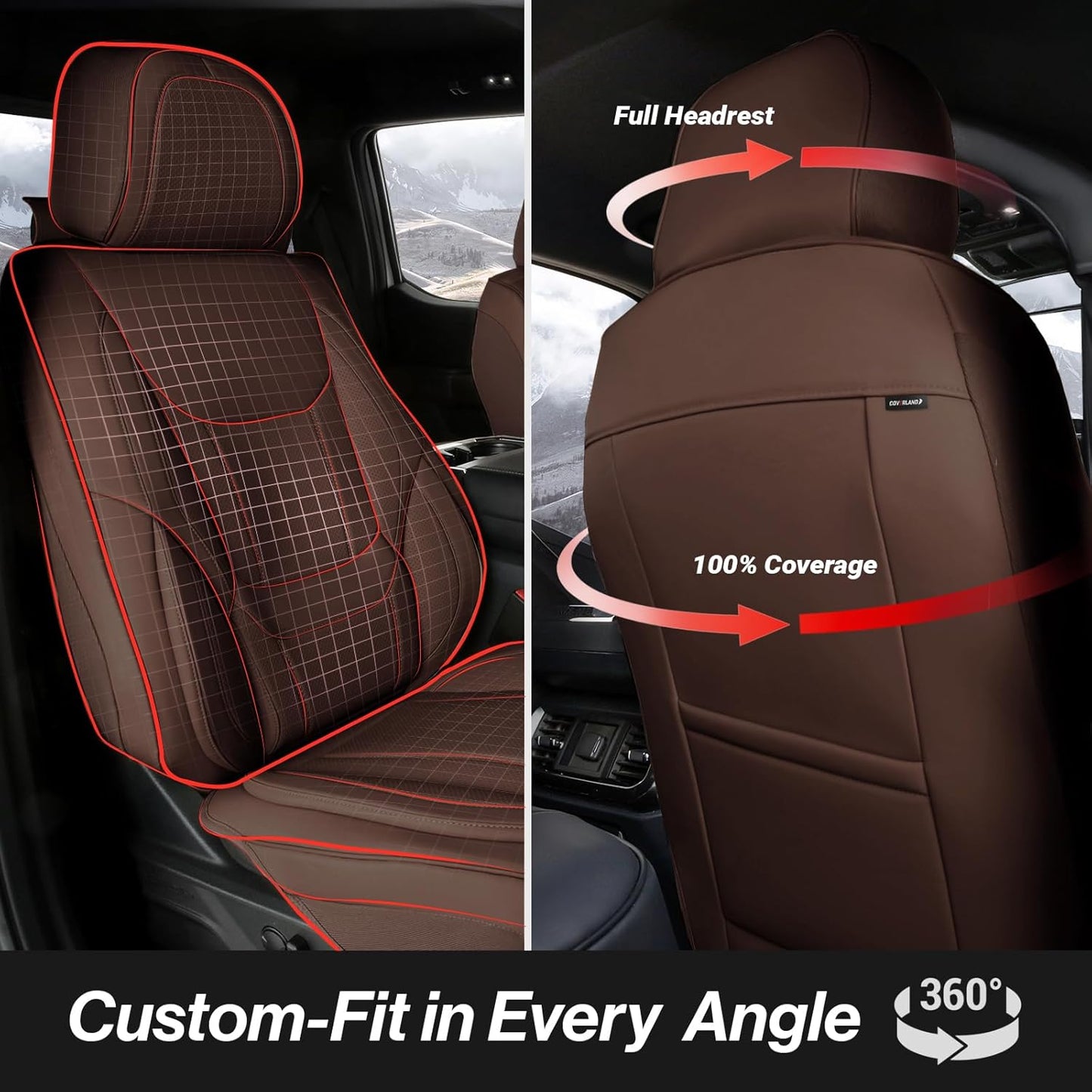 Coverland Custom Car Seat Covers Compatible with F150, Frontier, Sierra, Silverado 2500HD - Premium Leather Non-Slip Waterproof Interior Protector Front Seat-Dark Brown [See Size Chart-Size A12]