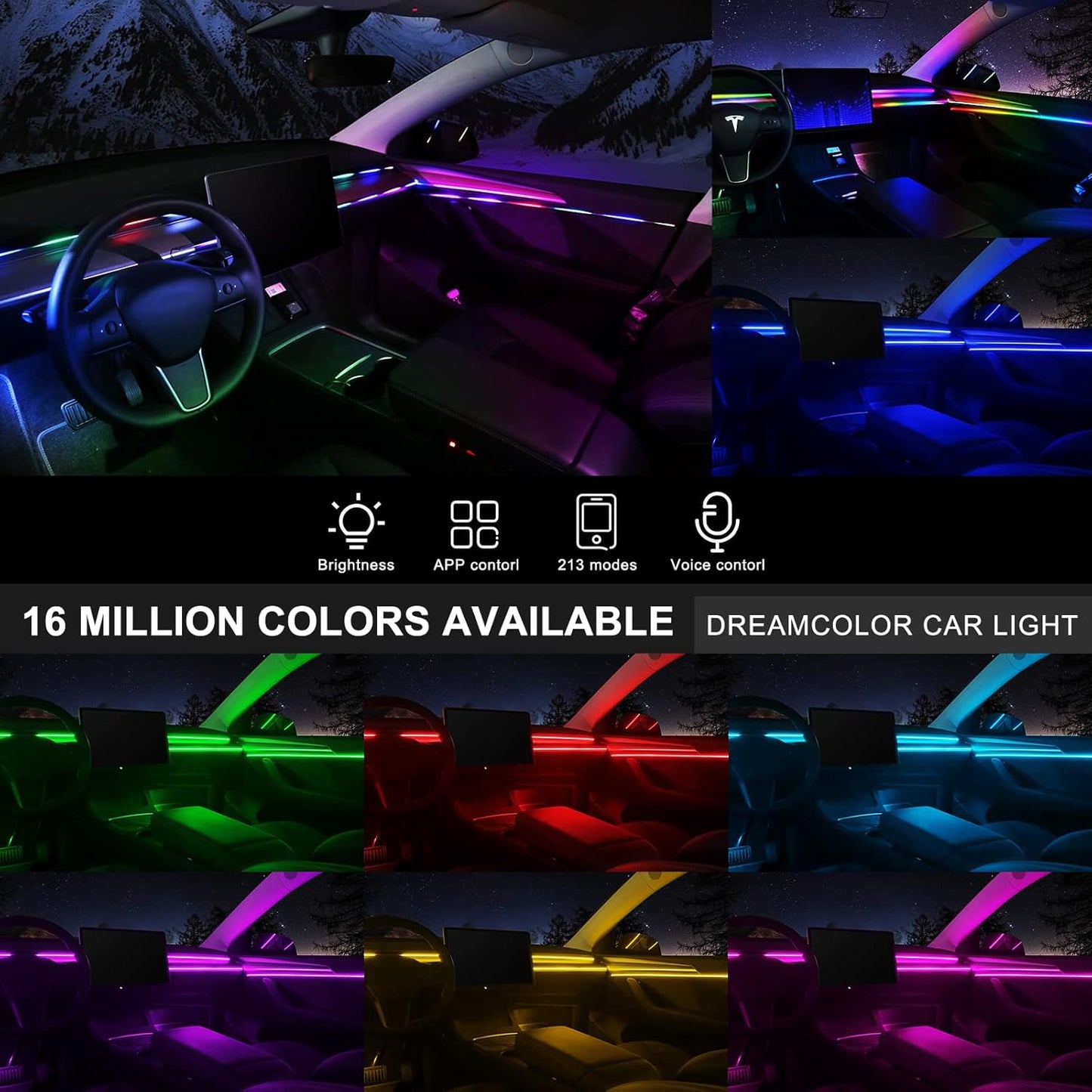 Acrylic Interior Car LED Strip Light with Wireless APP, RGB Dreamcolor 2 in 1 Ambient Lighting Kits, 16 Million Colors Sound Active Function Car Neon Lights, Sync to Music (dreamcolor 2 in 1)