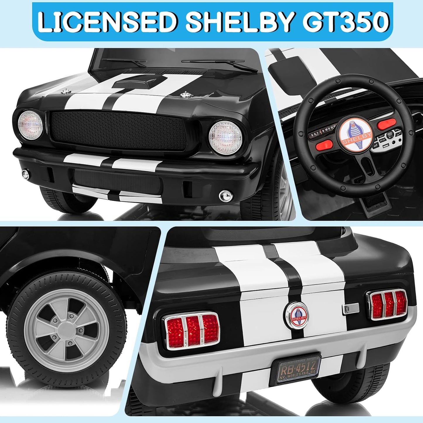 Winado 12V Licensed Shelby Electric Car for Kids, Battery Powered Ride On Toy for Toddlers with Remote Control, Upgrade Panel, Bluetooth, Shock Absorbers, Safety Belt, 3 Speeds, LED Lights - Black